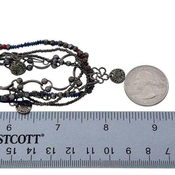Vintage CL Silver Tone 5 Strand Blue Red Beaded Charm Necklace 15.25" - Picture 4 of 4